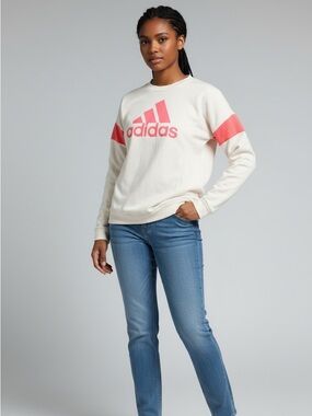 adidas White Crewneck Sweatshirt with Pink Logo & Sleeve Stripes